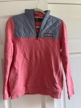 Vineyard Vines Coral Pink Fleece Half-Zip with Light Gray Quilted Yoke